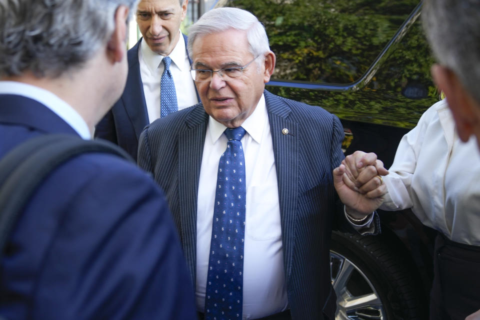 Democratic U.S. Sen. Bob Menendez of New Jersey arrives to the federal courthouse in New York, Wednesday, Sept. 27, 2023. Menendez is due in court to answer to federal charges alleging he used his powerful post to secretly advance Egyptian interests and carry out favors for local businessmen in exchange for bribes of cash and gold bars. (AP Photo/Seth Wenig)