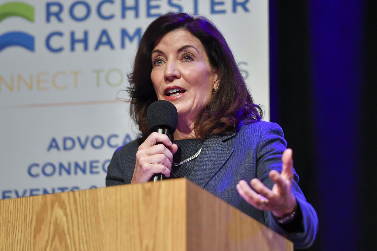 New York Gov. Kathy Hochul delivers remarks at a gubernatorial forum hosted by the Rochester Chamber of Commerce in Rochester, N.Y., Friday, Oct. 7, 2022. 