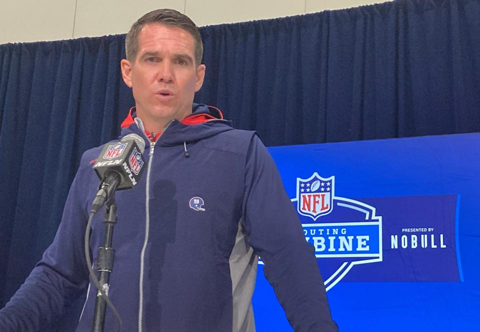 New York Giants general manager Joe Schoen speaks to reporters at the NFL Scouting Combine on Tuesday morning.