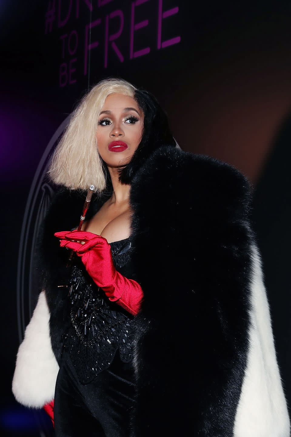 <p>Dalmatians, beware! The rapper opted for an over-the-top fur coat and Cruella de Vil's classic black and white wig for a Halloween party in 2018. </p>