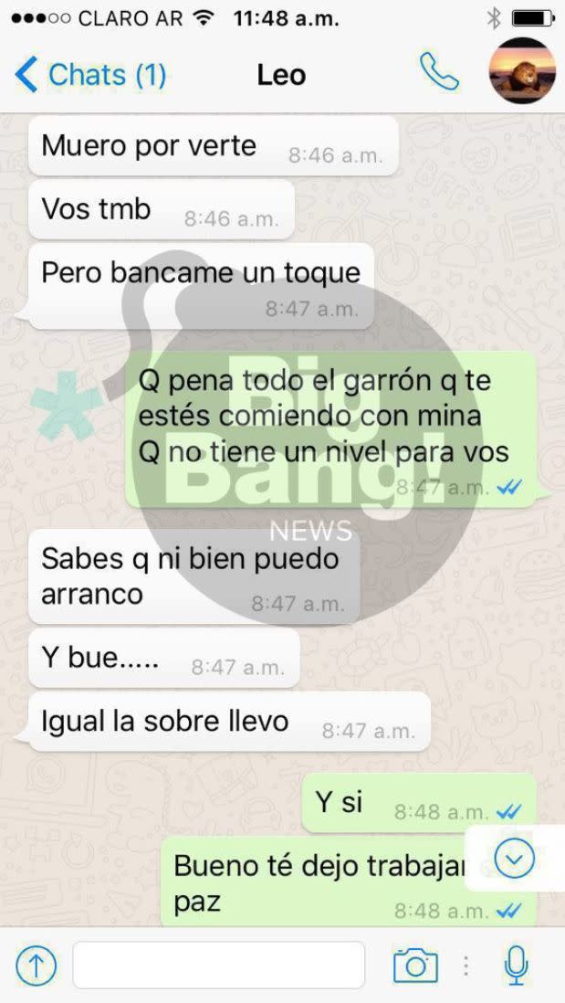 El chat menos esperado. En los coprometedores mensajes, además de dejar en claro el affaire entre ellos, “Pau” se refiere a Granata como alguien que “no tiene el nivel suficiente” para estar con Squarzon. - Foto: BigBang! NEWS