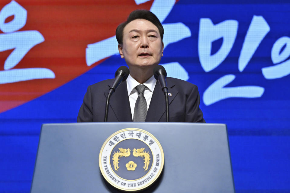 FILE - South Korea's President Yoon Suk Yeol speaks during a ceremony of the 104th anniversary of the March 1 Independence Movement Day against Japanese colonial rule, in Seoul, South Korea, on March 1, 2023. South Korean and Japanese leaders will meet in Tokyo on Thursday, March 16, beginning their first bilateral summit in more than a decade, and hoping to overcome resentments that date back more than 100 years. (Jung Yeon-je/Pool Photo via AP, File)