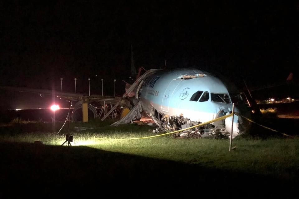 Wreckage of Korean Air Airbus A330-322 aircraft (HL7525) flight KE631 from Seoul (ICN) following overshot the runway at Cebu International Airport (CEB) on Sunday Oct 23, 2022