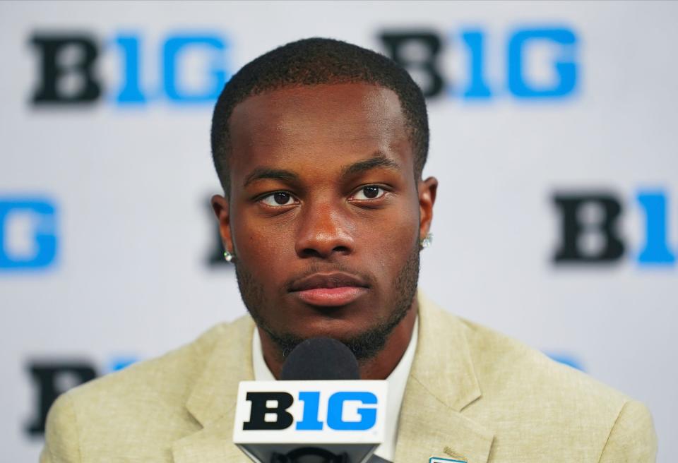 Michigan State wide receiver Tre Mosley speaks to the media during the Big Ten football media day in Indianapolis on Wednesday, July 26, 2023.