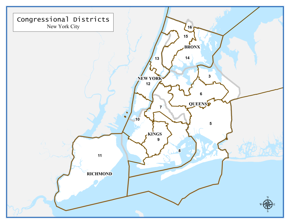 A map of the 2022 congressional districts in New York City.