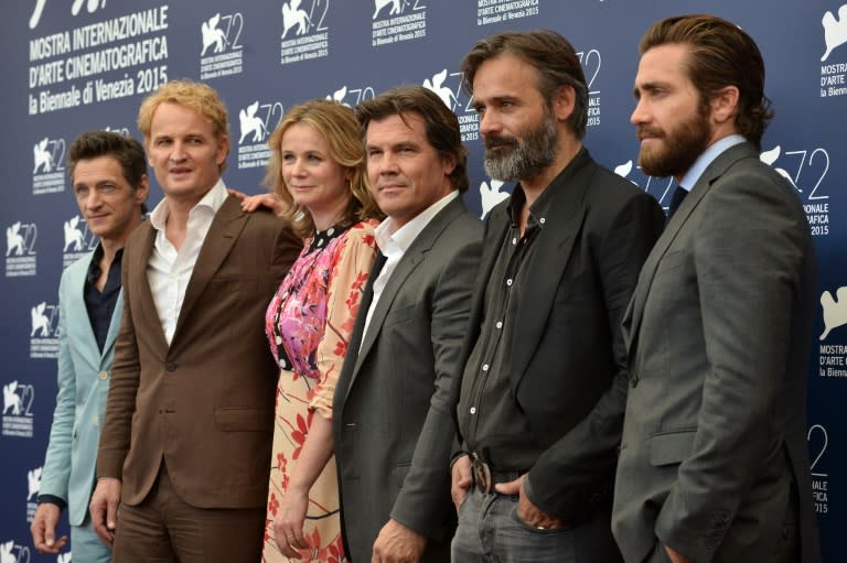 (From left) Actor John Hawkes, Jason Clarke, British actress Emily Watson, actor Josh Brolin, director Baltasar Kormakur and actor Jake Gyllenhaal attend the 72nd Venice International Film Festival on September 2, 2015