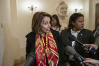 Speaker of the House Nancy Pelosi, D-Calif., responds to reporters after officially postponing President Donald Trump's State of the Union address until the government is fully reopened, at the Capitol in Washington, Wednesday, Jan. 23, 2019. The California Democrat told Trump in a letter the Democratic-controlled House won't pass the required measure for him to give the nationally televised speech from the House floor. (AP Photo/J. Scott Applewhite)