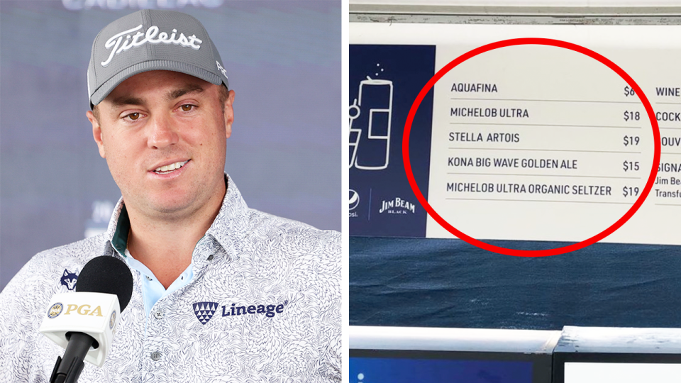 Golf star Justin Thomas (pictured left) during a press conference and (pictured right) the price of beer at this week's PGA Championship.