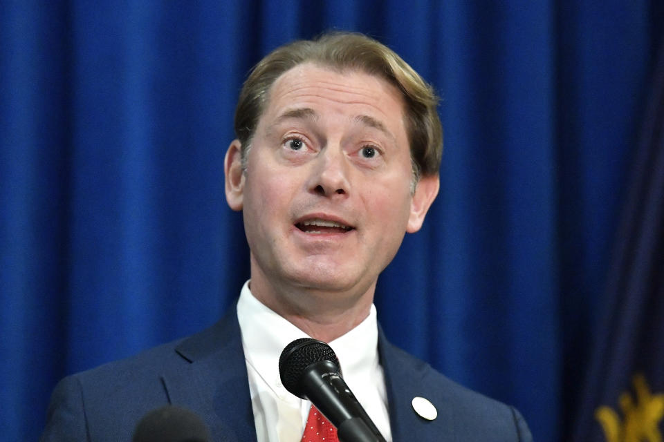 FILE - Kentucky Secretary of State Michael Adams, speaks the Rotunda at the Kentucky State Capitol during the swearing in ceremony of the Constitutional Officers, Tuesday, Jan. 2, 2024, in Frankfort, Ky. Adams has forcefully pushed back against an effort to eliminate three days of early voting in the Bluegrass State, exposing fissures within Republican ranks in a state that has avoided pitched fights over election rules that erupted elsewhere. (AP Photo/Timothy D. Easley, File)