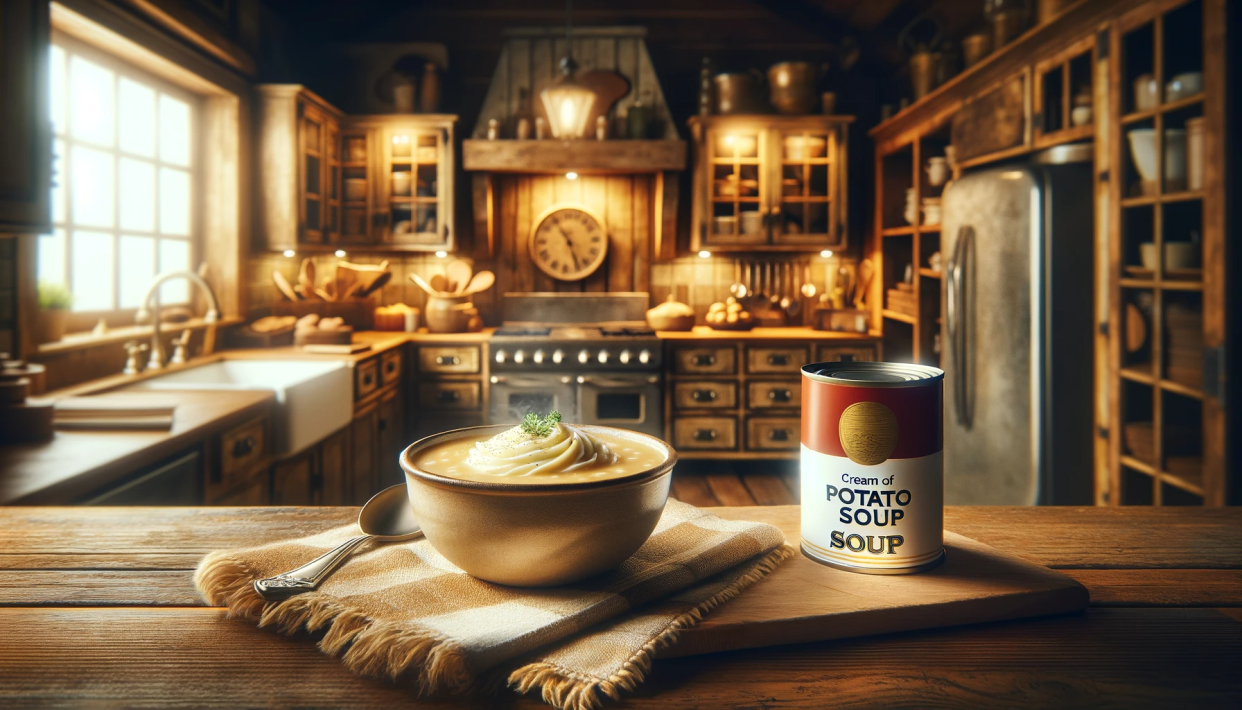 AI-generated image of a bowl of potato soup next to a can of cream of potato soup