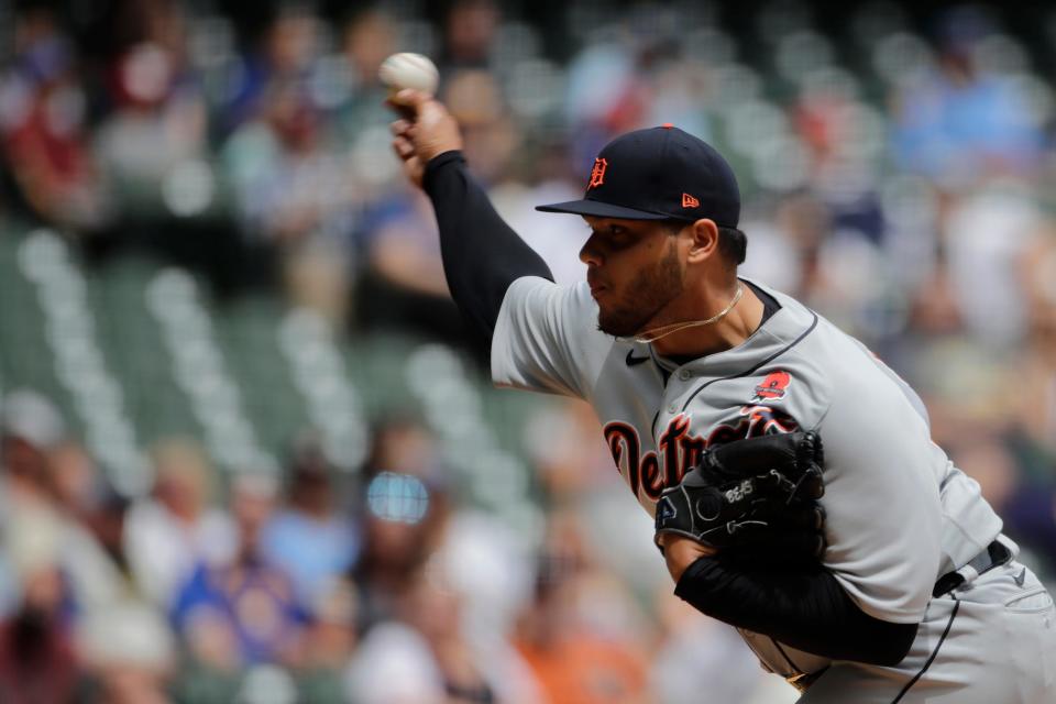 Detroit Tigers' Joe Jimenez pitches during the second inning of a baseball game against the Milwaukee Brewers on Monday, May 31, 2021, in Milwaukee.