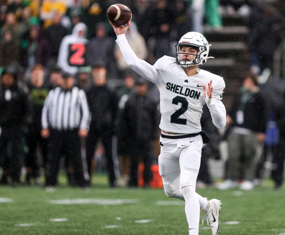 Sheldon's Brock Thomas (2) throws a pass during the 6A OSAA State Championship game against West Linn on Friday, Nov. 25, 2022 at Hillsboro Stadium in Hillsboro, Ore. 