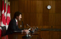 Canadian Prime Minister Justin Trudeau holds a press conference in Ottawa, Ontario, on Friday, Feb. 26, 2021, to provide an update on the COVID-19 pandemic and vaccine roll-out in Canada. (Sean Kilpatrick/The Canadian Press via AP)