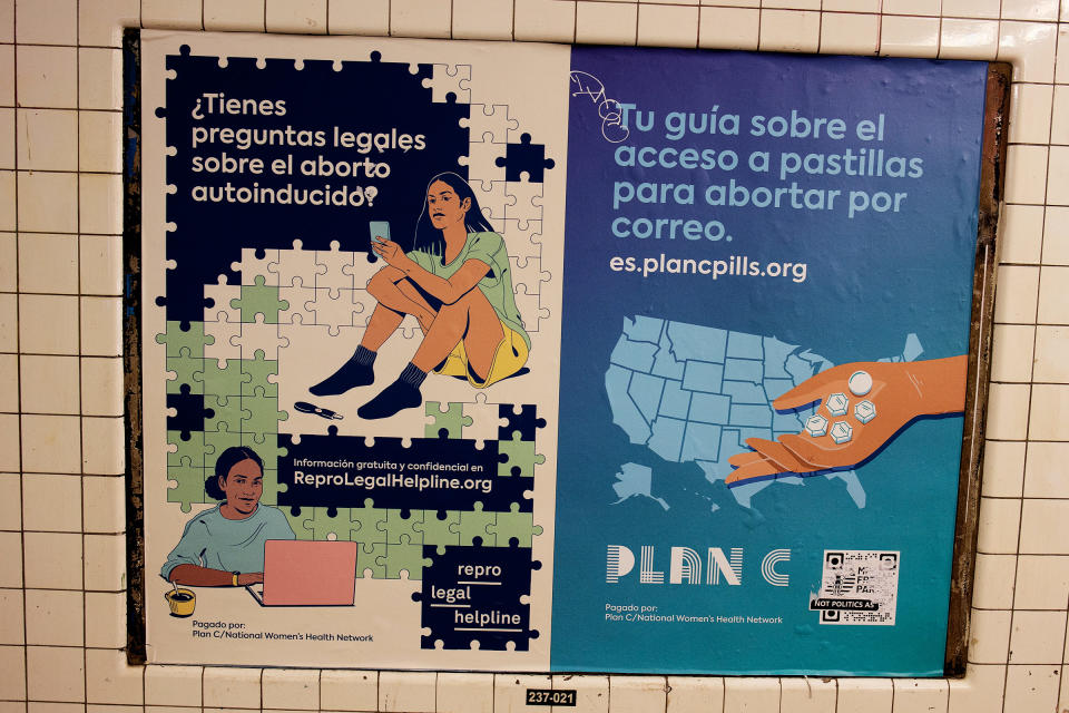 A Plan C subway ad in Spanish offers medical advice on abortion pills, May 7, 2022 in Brooklyn, New York.<span class="copyright">Andrew Lichtenstein—Corbis/Getty Images</span>