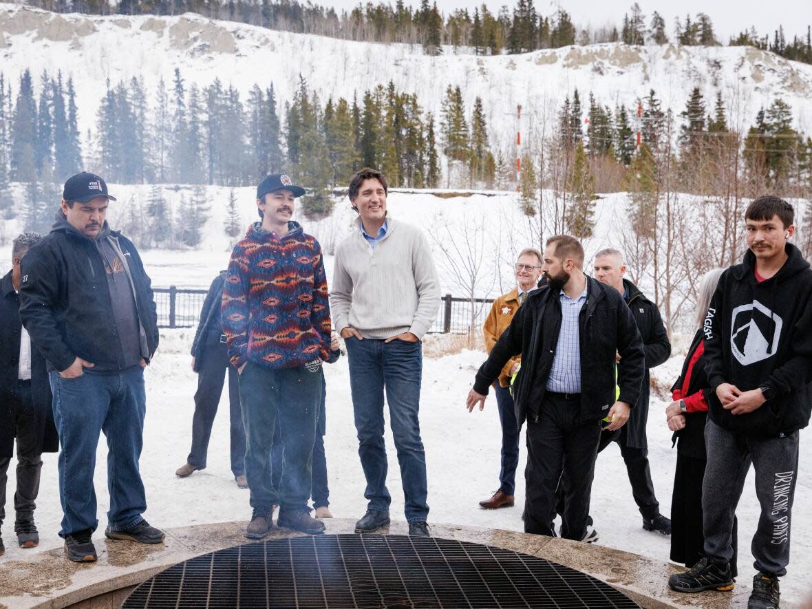 Prime Minister Justin Trudeau takes part in a 50th anniversary commemoration of the Together Today for our Children Tomorrow land claim milestone, at Kwanlin Dün Cultural Centre in Whitehorse on Sunday. (Evan Mitsui/CBC - image credit)