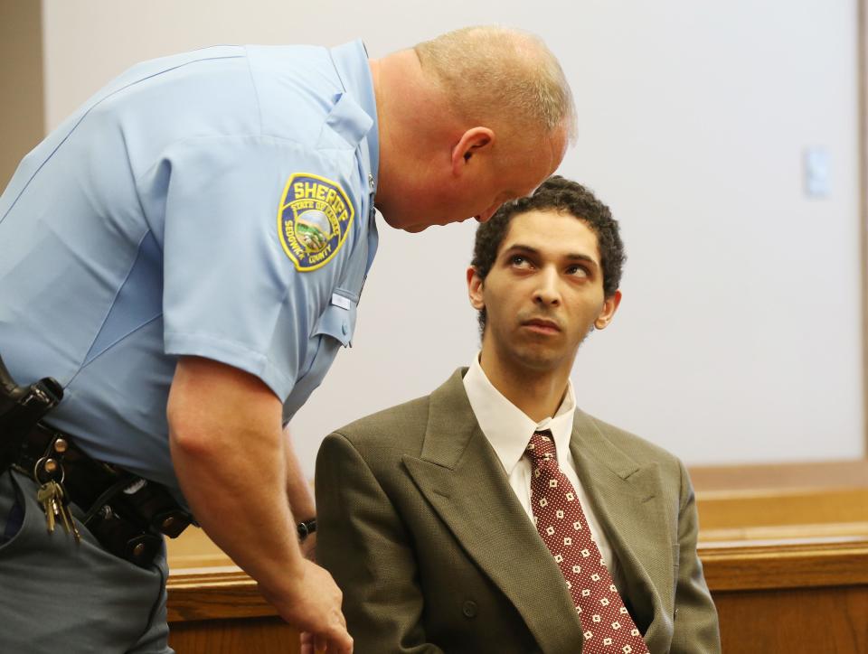 Tyler Barriss appears before Judge Bruce Brown Tuesday morning, May 22, 2018 in Wichita, Kan., in a preliminary hearing for the Swatting death of Andrew Finch in late December of 2017. The 25-year-old Los Angeles man is accused of making the "swatting" call that led a Wichita police officer to shoot Finch.