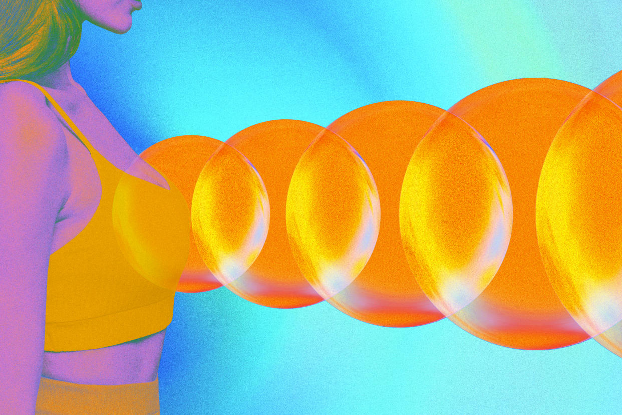 A photo illustration shows the profile of a woman wearing a wireless bra. Overlapping circles of gradually increasing size extend from her breast to the edge of the graphic.