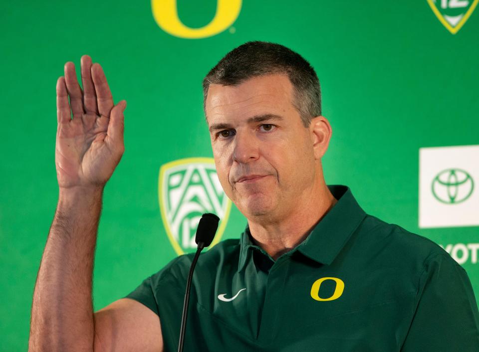 Mario Cristobal takes questions from media during Oregon Media Day as the 2021 season begins.