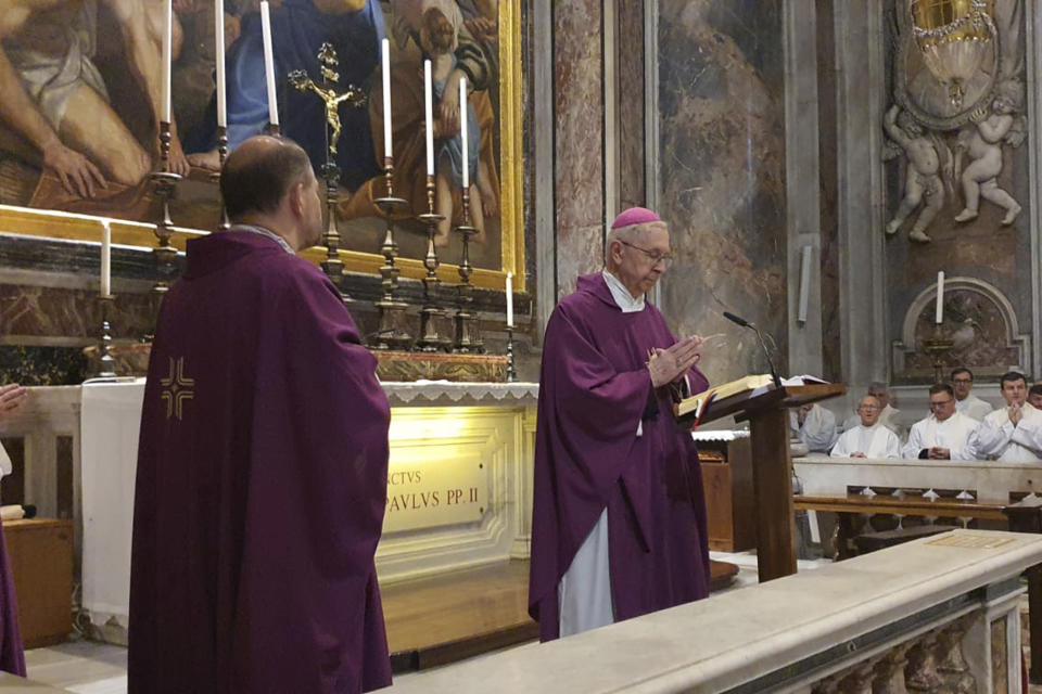 Archbishop Stanislaw Gadecki celebrates Mass at St. Peter's Basilica at the Vatican, Thursday, March 9, 2023. The head of the Polish bishops conference, Archbishop Stanislaw Gadecki, strongly defended the late pope and appealed to “all people of good will” to not destroy his legacy. Gadecki celebrated Mass at John Paul II’s tomb at St. Peter’s Basilica at the Vatican, praying for those who were seeking to discredit the pontiff. (Episkopat.PL via AP)