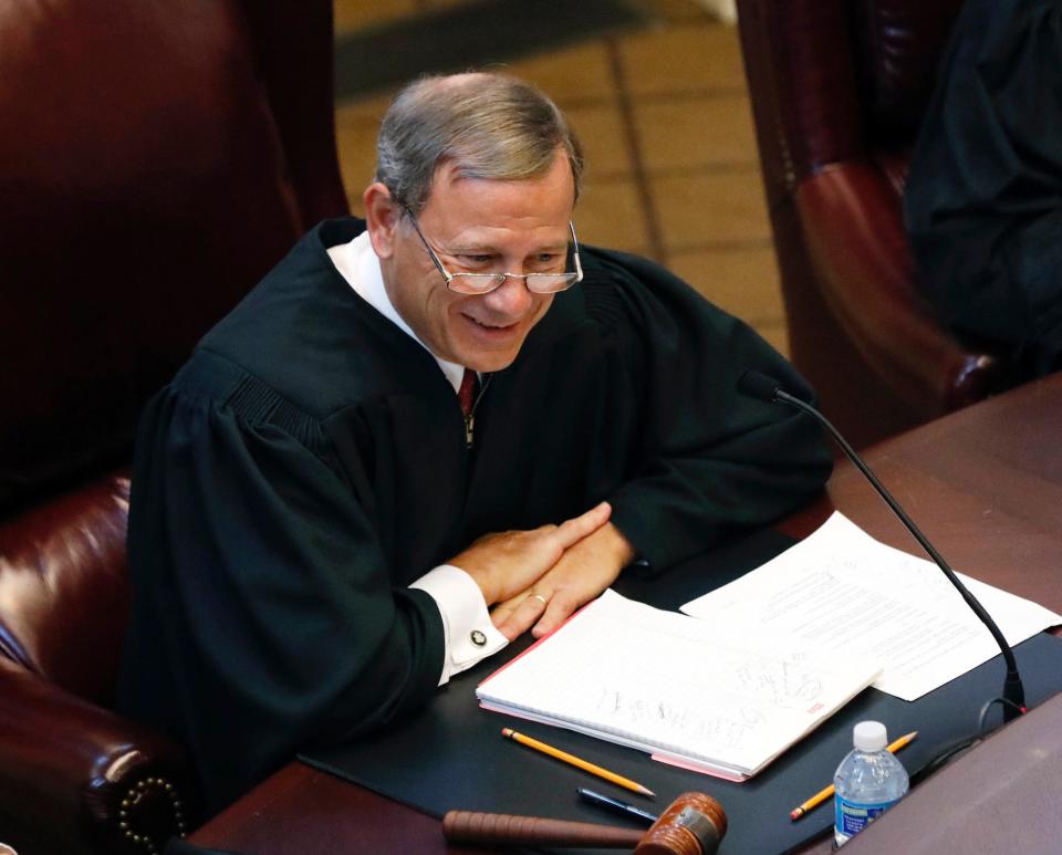 Chief Justice John Roberts laughs as he speaks to third year law students from Mississippi College School of Law in 2017.