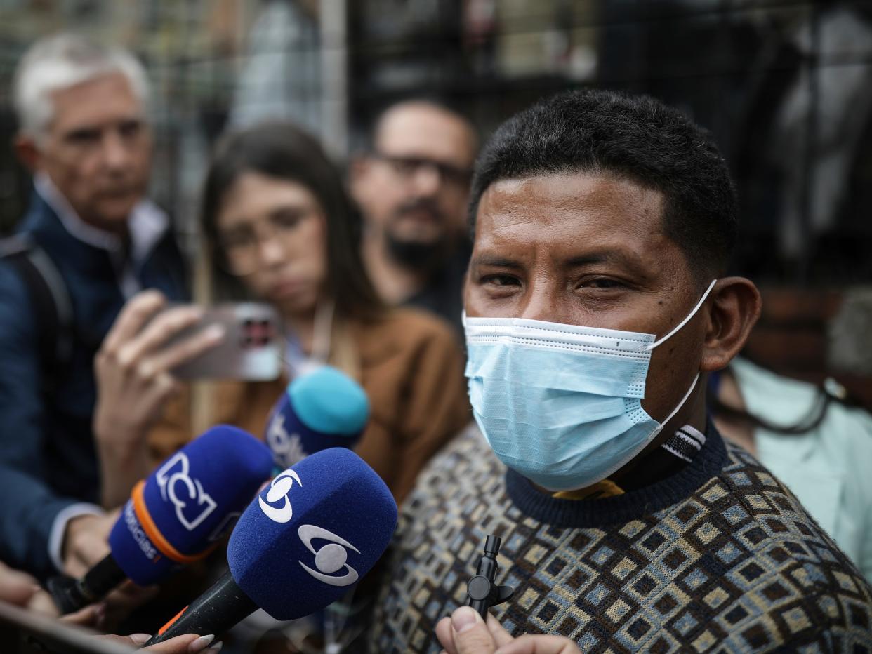 Manuel Ranoque, the father of two of the youngest Indigenous children who survived an Amazon plane crash that killed three adults, and then braved the jungle for 40 days before being found alive, speaks to the media from the entrance of the military hospital where the children are receiving medical attention, in Bogota, Colombia, Sunday, June 11, 2023.