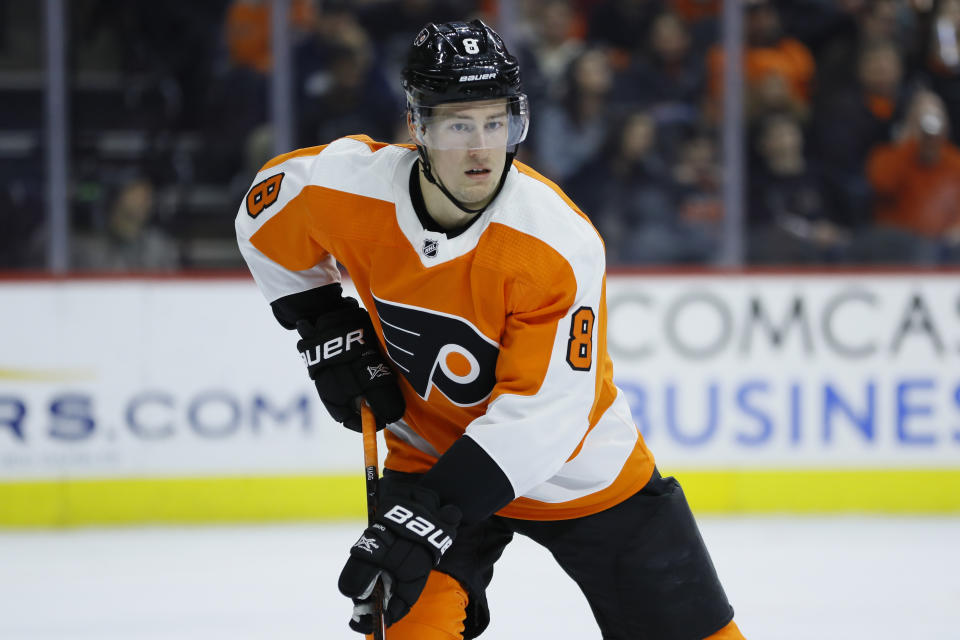 FILE - Philadelphia Flyers' Robert Hagg plays during an NHL hockey game against the Winnipeg Jets in Philadelphia, in this Saturday, Feb. 22, 2020, file photo. The Sabres' offseason overhaul has begun with Buffalo trading veteran defenseman Rasmus Ristolainen to the Philadelphia Flyers on Friday, July 23, 2021. Buffalo acquired fifth-year defenseman Robert Hagg and the Flyers first-round pick. (AP Photo/Matt Slocum, File)