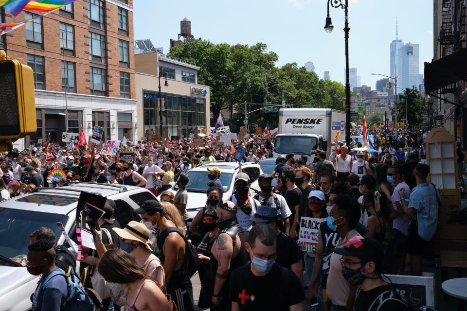 The Queer Liberation March passes Washington Place and Sixth Avenue toward The Stonewall Inn in New York City on June 28, 2020. (Tim Fitzsimons / NBC News)