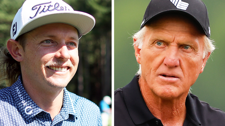 Greg Norman (pictured right) during an LIV Golf Tournament and (pictured left) Cameron Smith smiling.