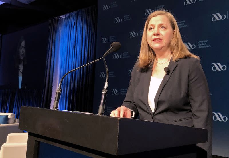 FILE PHOTO: Federal Reserve Governor Michelle Bowman gives her first public remarks as a Fed policymaker at an American Bankers Association conference in San Diego