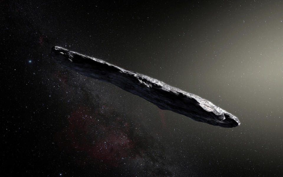 An artist's impression of the first-known interstellar object to visit the solar system, 'Oumuamua.