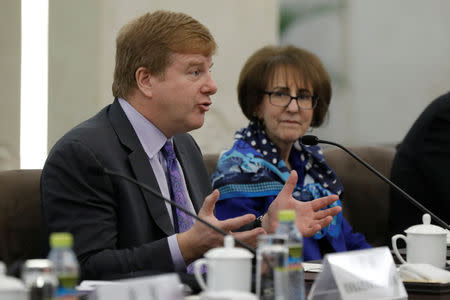 Myron Brilliant, executive vice president and head of International Affairs at the U.S. Chamber of Commerce speaks during a meeting with Chinese State Councilor and Foreign Minister Wang Yi (not pictured) at the Ministry of Foreign Affairs in Beijing, China February 19, 2019. Wu Hong/Pool via REUTERS