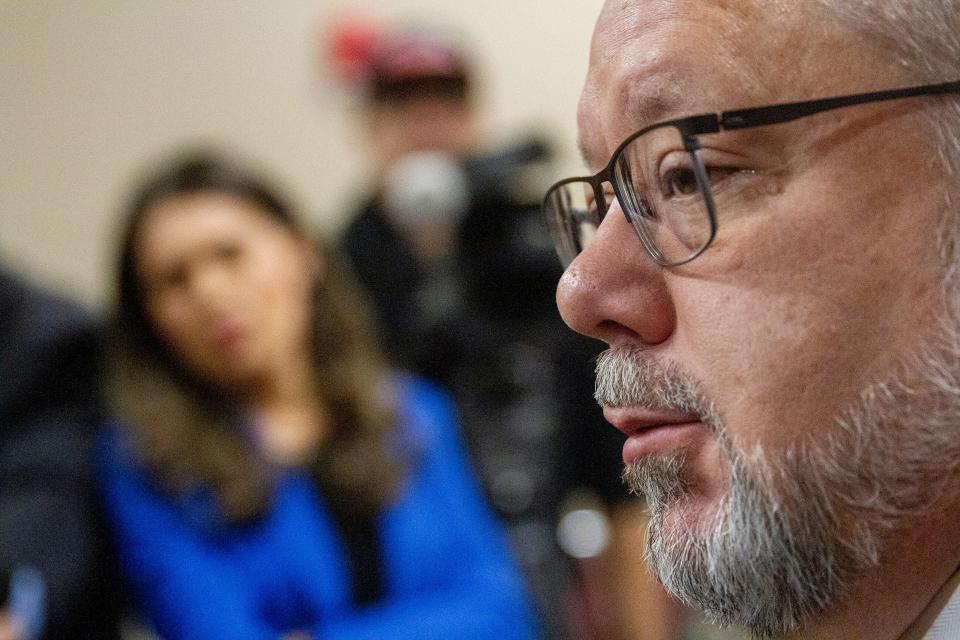 El Paso District Attorney Bill Hicks talks to media after a scheduling hearing in the state of Texas' death penalty case against Patrick Crusius Jan. 18, 2024 at the Enrique Moreno County Courthouse in El Paso, Texas.