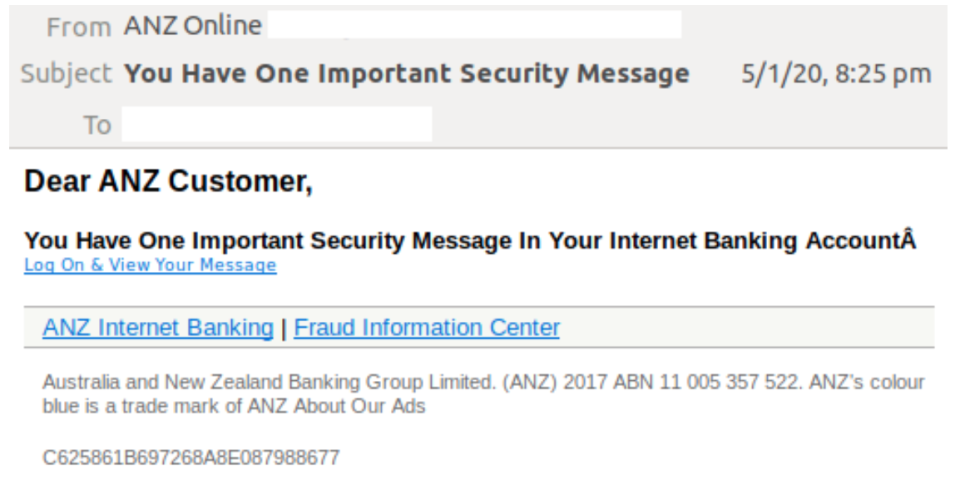 Pictured: ANZ Bank scam screenshot. Image: Mailguard