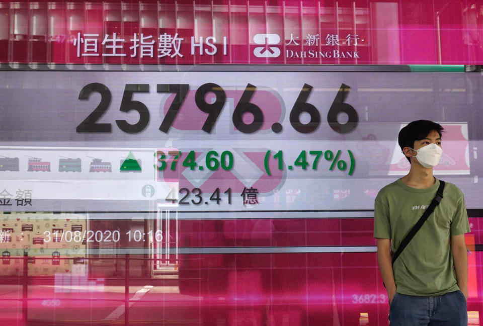 A man walks past a bank electronic board showing the Hong Kong share index outside a Hong Kong local bank Monday, Aug. 31, 2019. Asian stock markets have risen after Wall Street turned in its fifth straight weekly gain and China’s manufacturing growth held steady. (AP Photo/Vincent Yu)