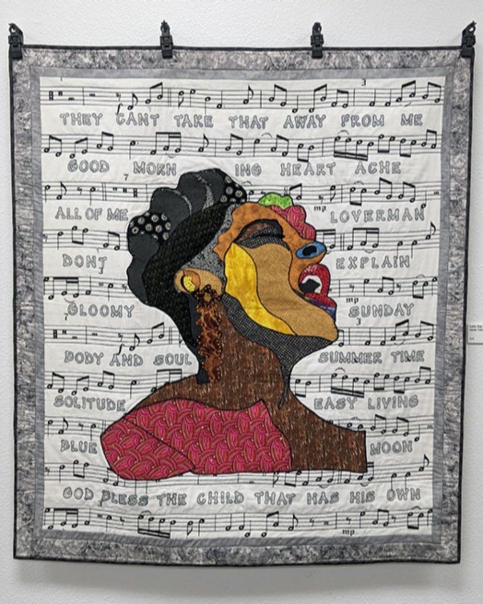 "Lady Day," a quilt by artist Annie Toliver, displayed at the "Wade in the Water: Art and Quilt Exhibition" at the Victor Valley Museum in Apple Valley.  The exhibit features works by 25 Black artists in recognition of Juneteenth.