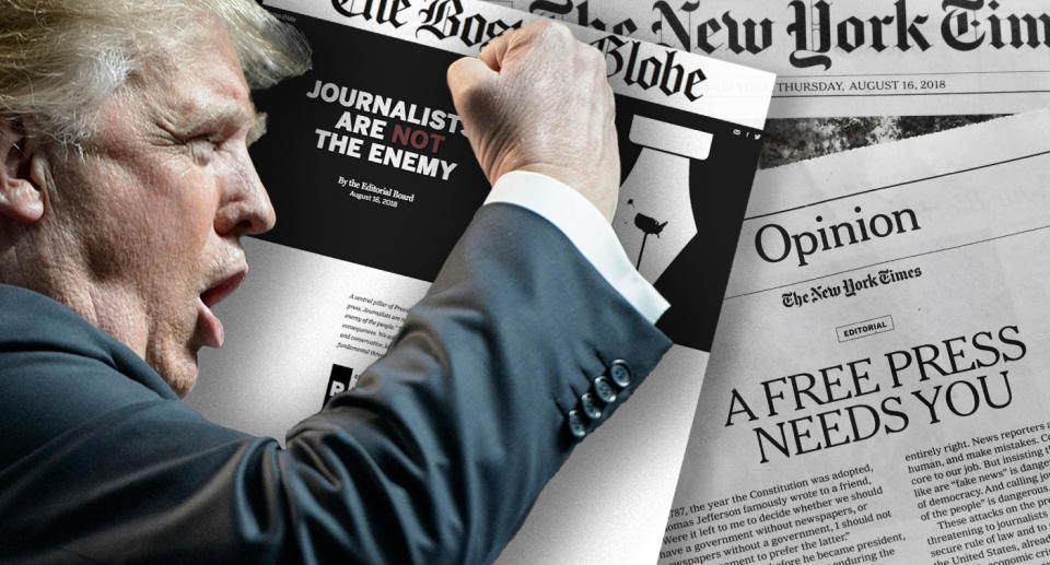 The latest salvo in President Trump’s war on the press. (Photo illustration: Yahoo News; photos: Brendan Smialowski/AFP/Getty Images, Boston Globe, AP)