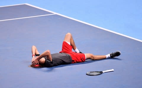 Alexander Zverev of Germany celebrates match point following the singles final against Novak Djokovic of Serbia during Day Eight of the Nitto ATP Finals at The O2 Arena on November 18, 2018 in London, England - Credit: Getty Images 