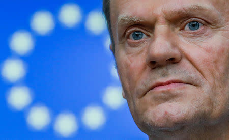 European Council President Donald Tusk takes part in a news conference after being reappointed chairman of the European Council during a EU summit in Brussels, Belgium, March 9, 2017. REUTERS/Yves Herman