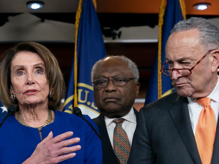 Speaker of the House Nancy Pelosi, D-Calif., center, Senate Minority Leader Chuck Schumer, D-N.Y., right, and other congressional leaders, react to a failed meeting with President Donald Trump at the White House on infrastructure, at the Capitol in Washington, Wednesday, May 22, 2019. From left are House Majority Leader Steny Hoyer, D-Md., Sen. Ron Wyden, D-Ore., House Transportation and Infrastructure Committee Chair Peter DeFazio, D-Ore., Pelosi, House Majority Whip James E. Clyburn, D-S.C., and Schumer.