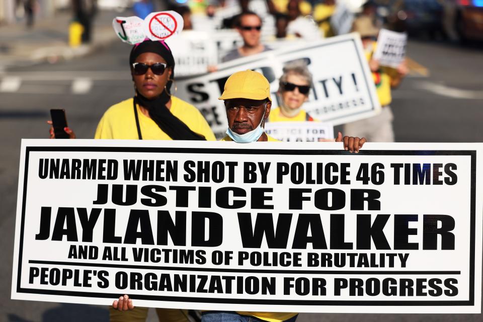 A march in Newark, N.J., on July 15, 2022, for  Jayland Walker, who was killed by police in Akron, Ohio, on June 27, 2022. Officers fired at least 90 rounds at the unarmed Walker, whose body had 46 gunshot wounds or graze injuries on his body, according to the medical examiner's autopsy.