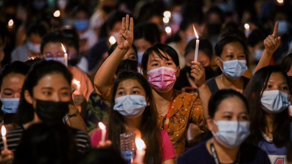 night time protest in Hledan junction Yangon 14 March