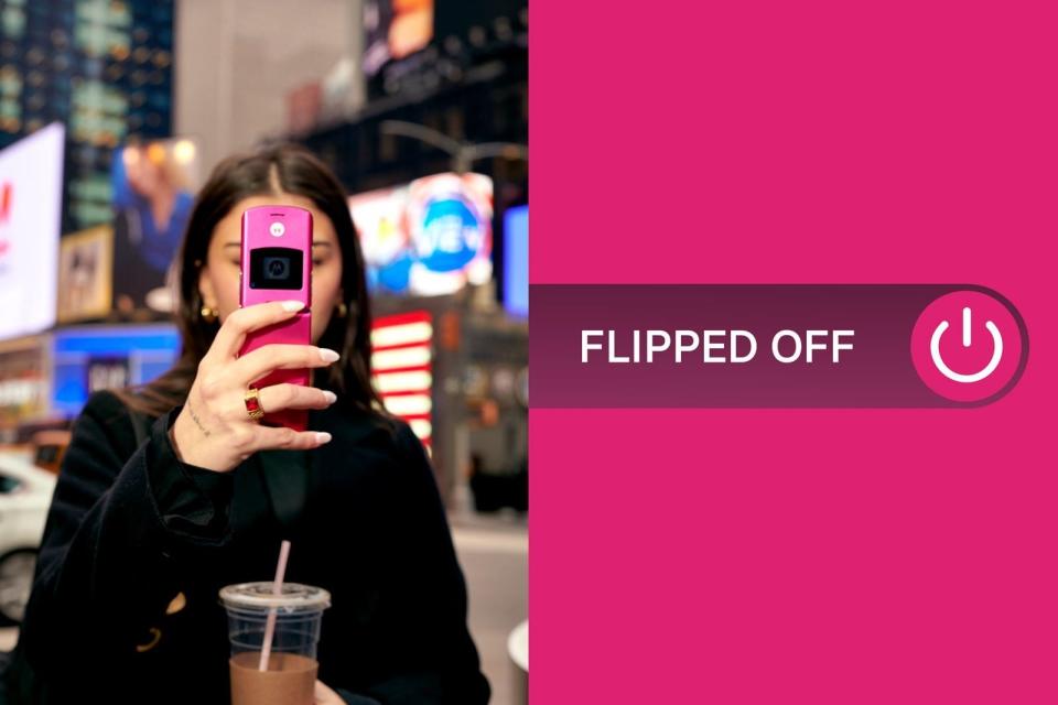 left: a dark-haired woman holds up a pink razr phone covering her face. right: a pink background with "flipped off" and a power button written in the middle