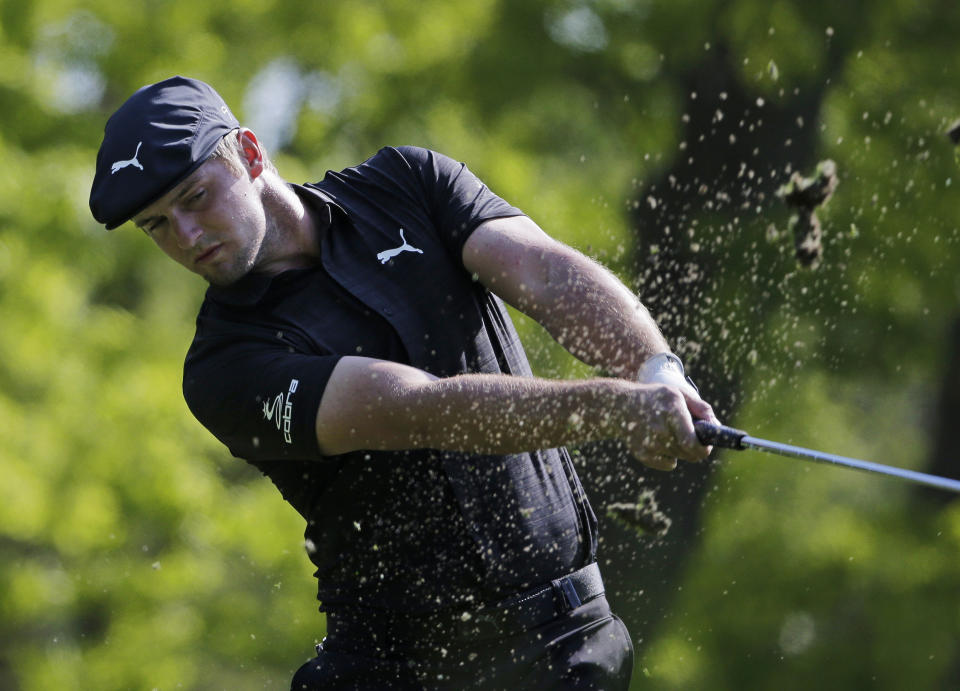 Bryson DeChambeau hits off the 14th tee during the second round of the PGA Championship golf tournament, Friday, May 17, 2019, at Bethpage Black in Farmingdale, N.Y. (AP Photo/Seth Wenig)