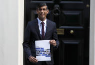 Britain's Chancellor of the Exchequer Rishi Sunak poses outside No 11 Downing Street, before heading for the House of Commons to give MPs details of his Winter Economy Plan, in London, Thursday Sept. 24, 2020. (AP Photo/Frank Augstein)