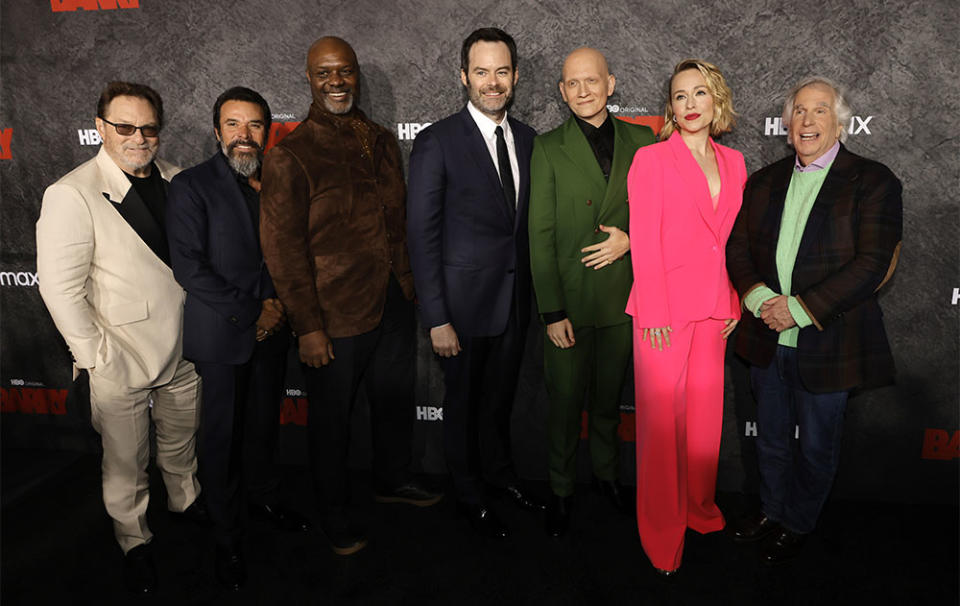 Stephen Root, Michael Irby, Robert Wisdom, Bill Hader, Anthony Carrigan, Sarah Goldberg and Henry Winkler attend the Los Angeles Season 4 Premiere Of HBO Original Series "BARRY at Hollywood Forever on April 16, 2023 in Hollywood, California.