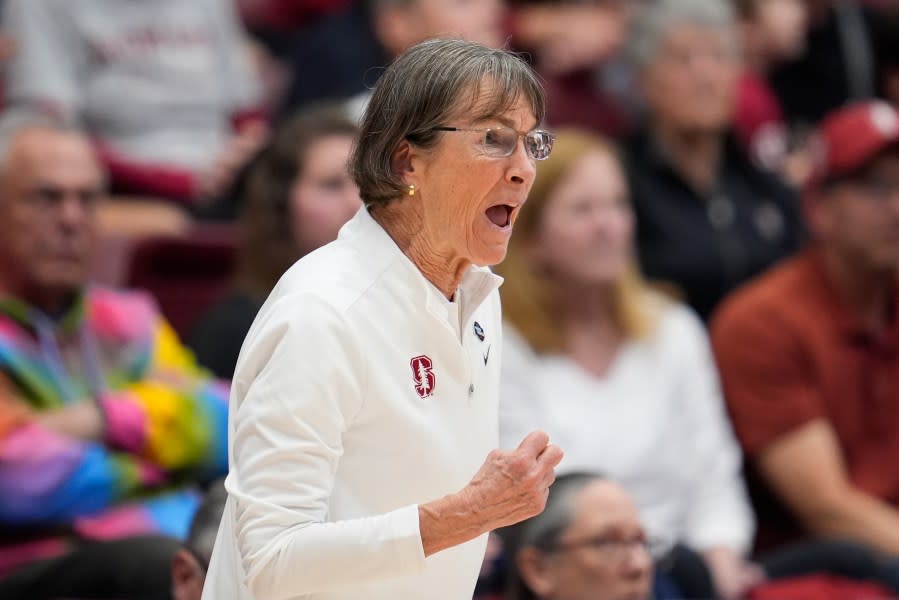 Stanford coach Tara VanDerveer reacts during the first half of the team’s first-round college basketball game against Norfolk State in the women’s NCAA Tournament in Stanford, Calif., Friday, March 22, 2024. (AP Photo/Godofredo A. Vásquez)