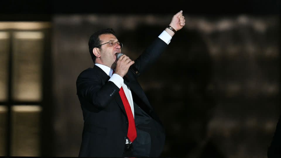 Istanbul's mayor and main opposition Republican People's Party (CHP) candidate Ekrem Imamoglu makes a speech in front of supporters following municipal elections, in Istanbul on Sunday. - Ozan Kose/AFP/Getty Images
