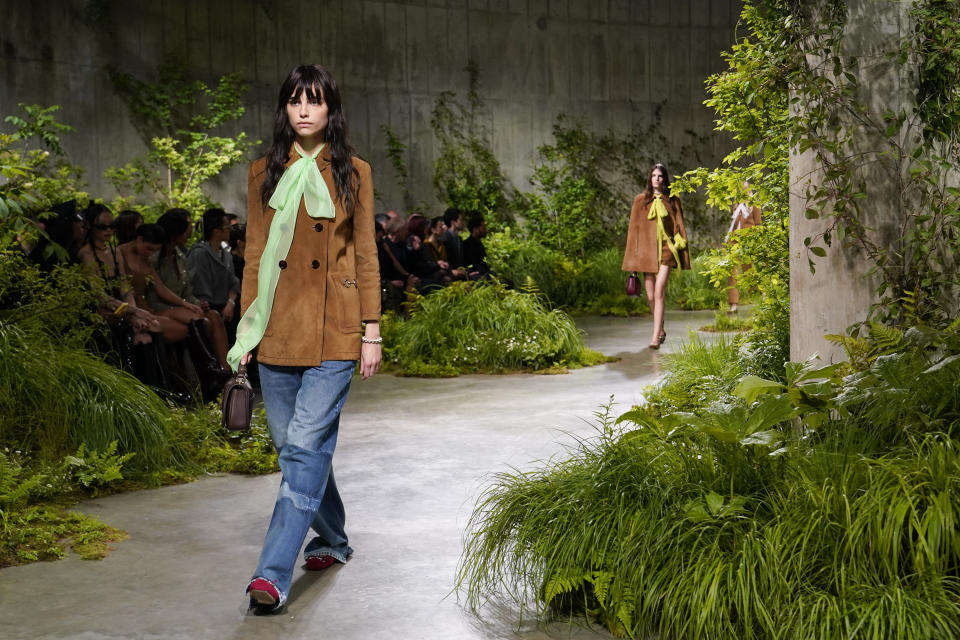 A model wears an outfit for the Gucci Cruise fashion show in London, Monday, May 13, 2024. (Photo by Alberto Pezzali/Invision/AP)