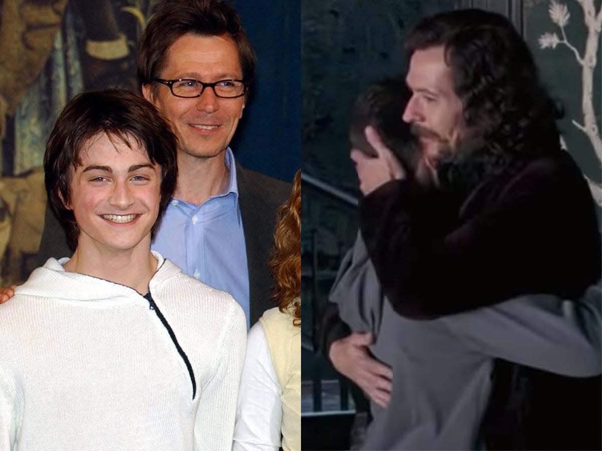 On the left: Daniel Radcliffe and Gary Oldman in May 2004. On the right: Radcliffe and Oldman as Harry Potter and Sirius Black in "Harry Potter and the Order of the Phoenix."