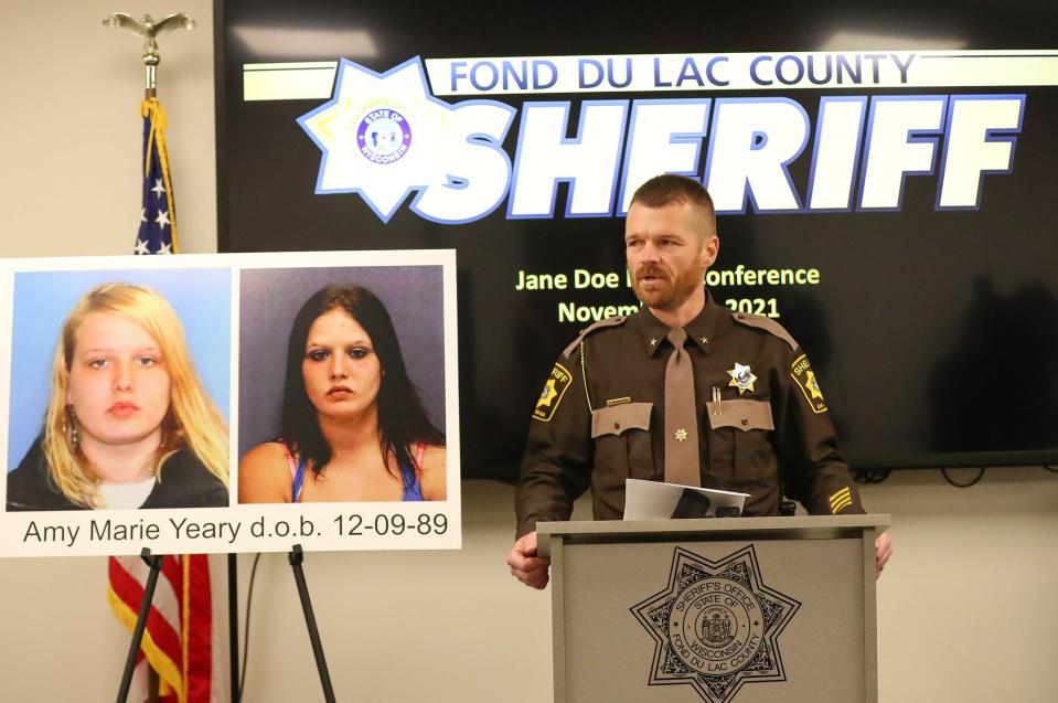 Fond du Lac County Sheriff Ryan Waldschmidt announces on Nov. 23, 2021, that the Fond du Lac County Jane Doe, whose body was found in southwest Fond du Lac County in 2008, was identified as Amy Marie Yeary of Rockford, Illinois.